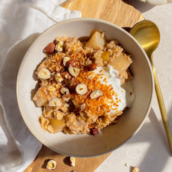 Spiced Pear Oatmeal with Toasted Coconut