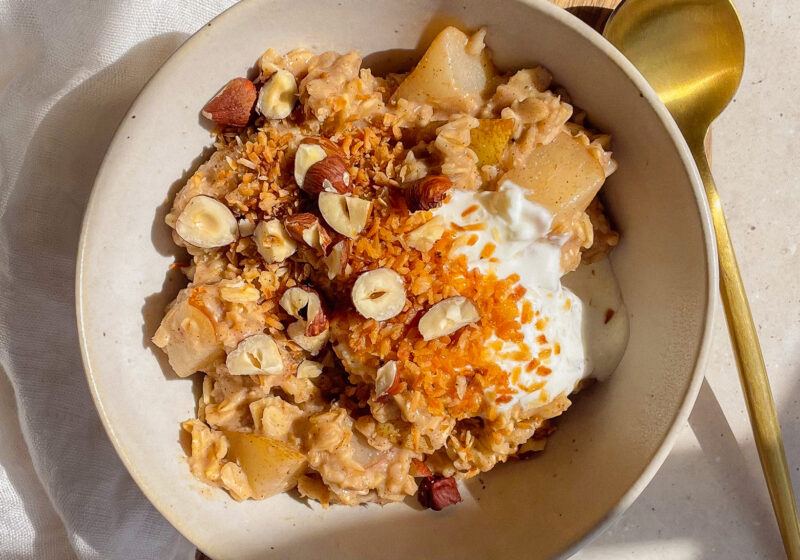 Spiced Pear Oatmeal with Toasted Coconut